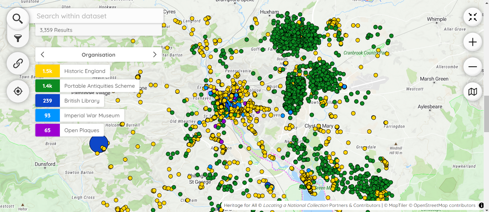 A street map of Exeter in England with coloured dots showing locations of hundreds of cultural heritage buildings and artifacts as coloured dots